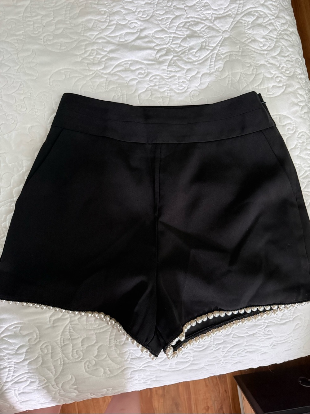 Endless Rose Black High-Waist Shorts with Pearl Trim